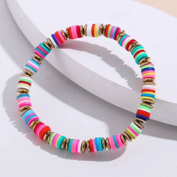Colorful Soft Clay Discs & Gold Beaded Bracelet NEW - Picture 2 of 9